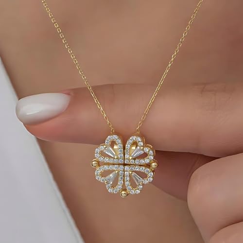 Foldable 4 Leaf Clover Necklace - Premium Quality Stainless Steel, 18k Gold Plated | Ideal Gift for Women's Birthday, Valentine's Day Gift, Clover Pendant Necklace for Her2