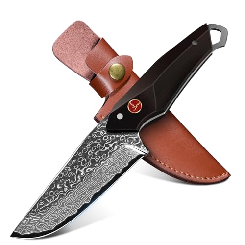 TAN REN Cuchillo De Damasco Cuchillo De Caza, Cuchillo De Supervivencia De Acero D2 Con Funda De Cuero Cuchillo Bushcraft Para Senderismoa