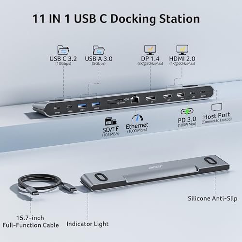 Image of Acer Docking Station 3 Monitors, 11-in-1 Laptop Docking Station Stand with DP 8K + Dual HDMI 4K@60Hz, Ethernet, 10Gbps Data, 100W PD, SD /TF, USB C Dock with Detachable Cable for Acer /Dell /Mac /HP
