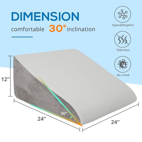 Image of Sasttie Wedge Pillow 24x24x12 inch, Memory Foam Bed Wedge, Solid Warm Gray | Triangle Pillow for Sleeping, Acid Reflux, Back Pain, Post-Surgery, and Snoring, Designed with Removable Washable Cover