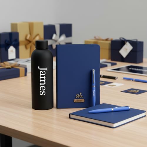 Image of Personalized Name & Charm On Diary Pen & Bottle 3pcs Combo Gift Set for Men & Women Customized Corporate Office Farewell Birthday Gift for Employees Corporate Gift for Clients, Combo Gift Set For Family and Friends (Blue)