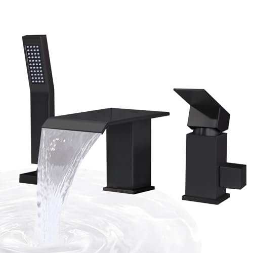 BAITUJIE Badewannenarmatur Wasserfall, 3 Loch Schwarz Matt Badewannenarmatur mit Handbrause Armatur Badewanne