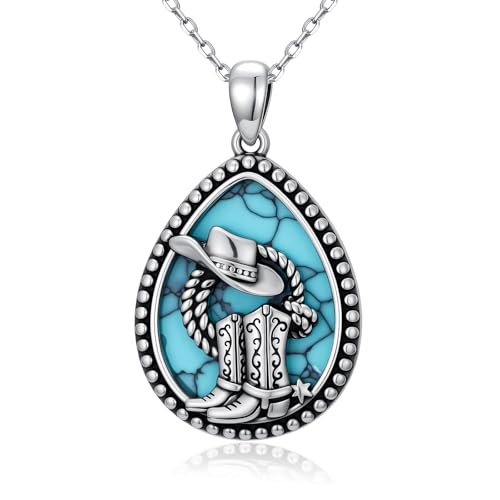 Cowboy Necklace for Women 925 Sterling Silver Turquoise Pendant Necklace Boho Jewelry Western Charm Necklace Cowgirl Gifts for Mother Friend