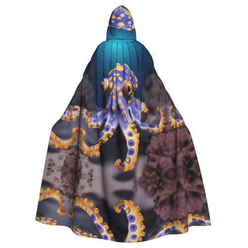 Cape à capuche bleue avec pieuvre à anneaux veste longue fluide unisexe