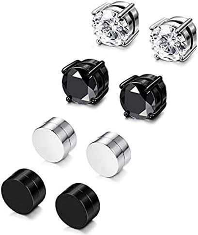 4 Pairs Stainless Steel Magnetic Stud Earrings for Men Women Non Piercing Clip on CZ Earrings 6MM (4 Pairs a Set,6MMBlack + Silver)