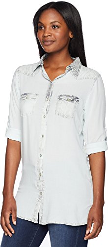 Scully Bae Sexy Fabric Button Front Blouse Dusty Blue Md #TOP1