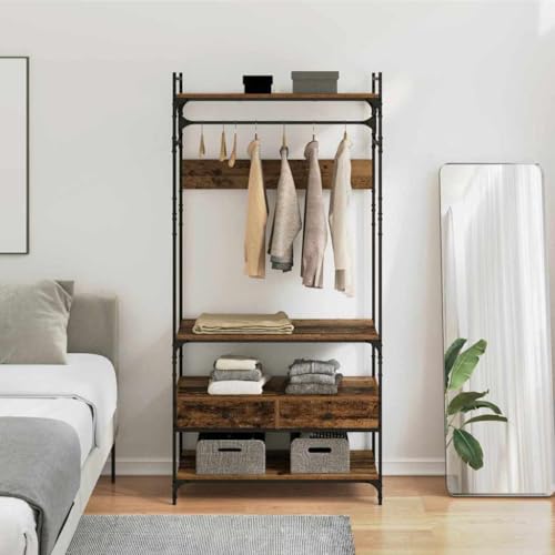 LoogCape Armario de madera recuperada de 89 x 39 x 184,5 cm con espacio de almacenamiento, estantería, cajón, barra de ropa, aspecto industrial, para dormitorio, pasillo, habitación de los niños