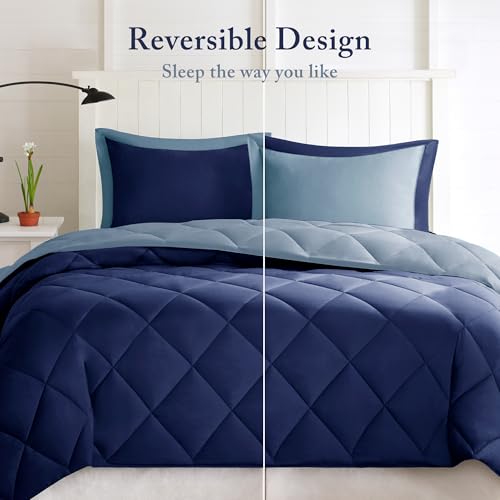 Image of Madison Park Comforter Set, Reversible Down Alternative All Season Microfiber Bedding, 3M Scotchgard Stain Release, King Dorm Comforter, Navy /Light Blue