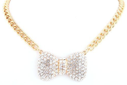 JOTW Goldtone with Clear Iced Out Medium Bow Style Pendant with a 20 Inch Adjustable Chain Necklace (B-261)