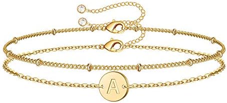 Easter Gifts for Teen Girls Women-Gold Initial Bracelets for Women Teen Girls, 14K Gold Filled Layered Beaded A Letter Initial Bracelet Personalized Disc Charm Bracelet Jewelry Gifts for Teenage Girls Gold Bracelets for Women