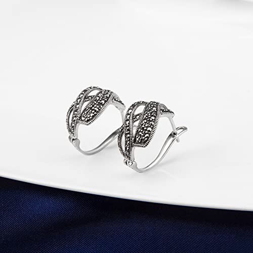 Vintage Black Marcasite Stud Earrings for Women Thai Silver Earrings Studs Gift2