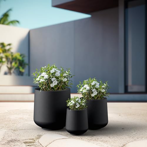Image of Kante Set of 3 Black Concrete Curved Round Planters for Modern Home | Handcrafted, Premium, Durable, All-Weather Cement Pot, Drainage for Outdoor, Rubber Plug for Indoor Home, Anti-Frost & UV