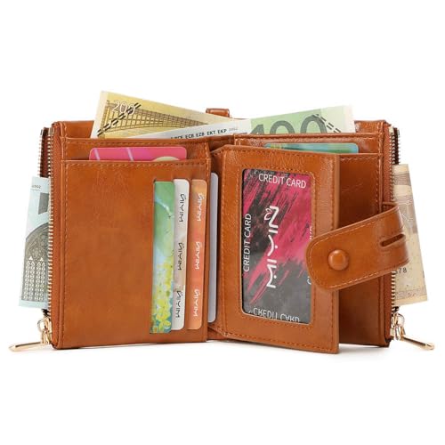 Image of AOXONEL Wallets for Women Small Rfid Bifold Leather Ladies Wallet,Travel Billfolds Medium Size Card Holder with Removable Wristlet Chain,Multi-Card Slots,ID Window,Double Zipper Coin Pocket (Brown)