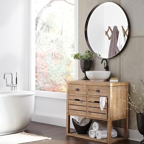 Howard Elliott Collection Steele Brass Round Wall Mirror, 36 Inch Brushed Stainless Steel Frame Finish, Large Decorative Vanity Mirror for Bathroom, Bedroom & Living Room Over Sink or Wall Display