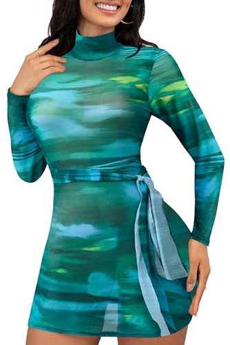 Sexy Long Sleeve Midi Dress for Women Sheer Mesh Printed Crew Neck Bodycon Party Clubwear See Through Dresses