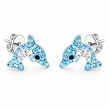 FIVE-D Kinder Ohrringe Delfin aus Kristall 925 Sterling Silber (Blau-Weiss)