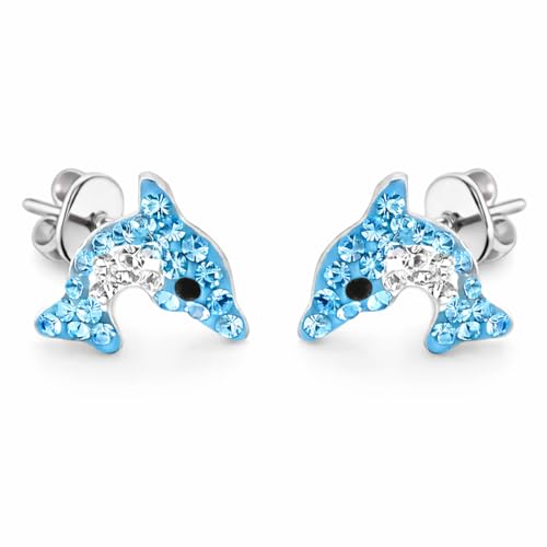 FIVE-D Kinder Ohrringe Delfin aus Kristall 925 Sterling Silber (Blau-Weiss)