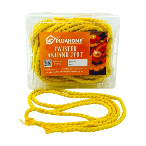 Image of Twisted Akhand Jyot Batti, Special Long Akhand Jyot Cotton Wicks Batti for Diya Mandir Pooja Oil Lamp | Cotton Akhand Jyot Batti Yellow for All Puja and Akhand Jyot (Pack of 12 Wicks, Yellow)