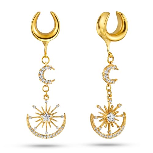 Casvort 2 PCS Hypoallergenic 316 Surgical Stainless Steel Gold Elegant Moon Star Ear Tunnels and Saddle Hangers Plugs 5/8 Fashionable Ear Gauges 16mm Earrings Women Christmas Piercing Jewelry