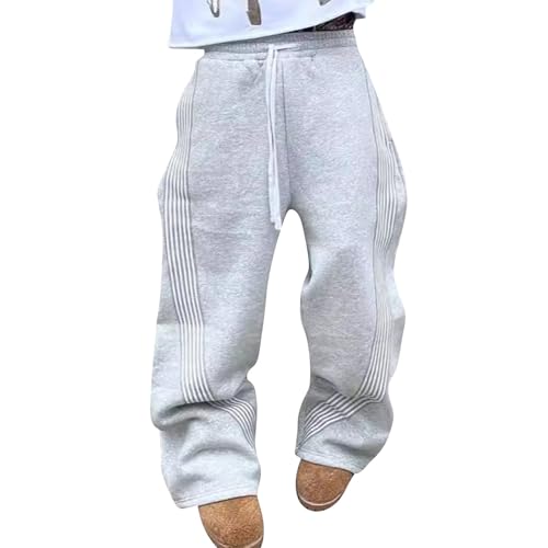 FQZWONG Men's Baggy Sweatpants Y2K Drawstring Elastic Waist Striped Pants Straight Mid Length Trousers Yoga Jogging Pant（Gray,XX-Large