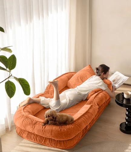 Image of 1 Seater Luxurious Human Dog Bed for People and Adults|Velvet Recliner Lounge Style Soft Human Dog Sofa with Plush Cushioning for Reading and Relaxation (Velvet Fabric, Orange)