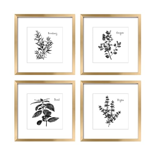 ArtbyHannah Gold Framed Kitchen Wall Art, 10x10 Inch Botanical Prints,