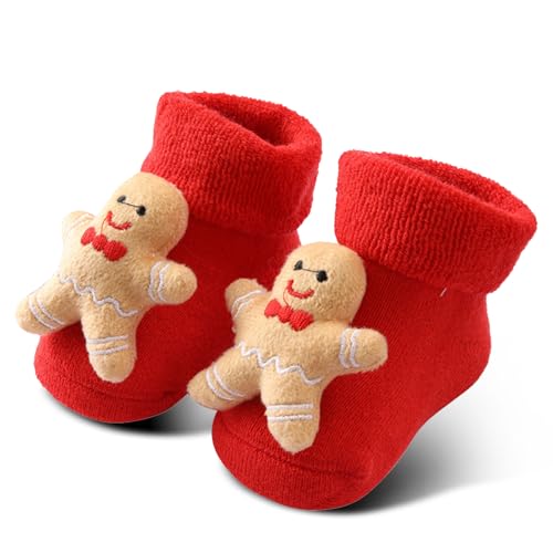 Pilipane Calze Lunghe Lavorate a Maglia in Caldo Cotone per Neonati da 0 a 1 Anno,Calzini Rossi Natalizi per Neonato, Elastiche E Traspiranti(Biscotti di Natale)