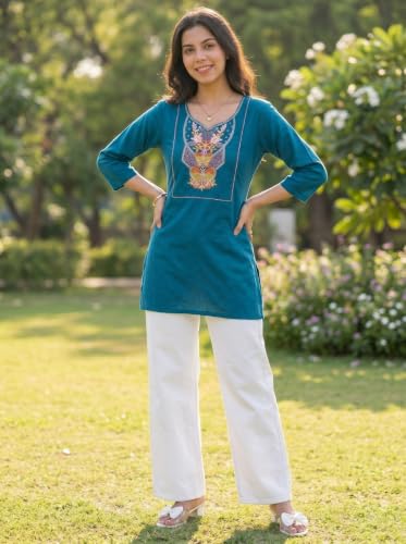Image of Cotton Blend Embroidered Straight Kurta for Women | Cotton Blend | 3 /4 Sleeve | Round Neck V-Slit | Ethnic Wear Casual Wear