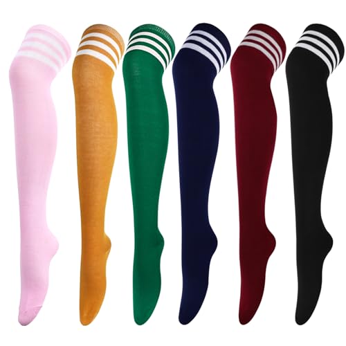 Image of DRESHOW 6 Pairs High Thigh Socks Striped Over Knee Thin Tights Long Stocking for Women Leg Warmer