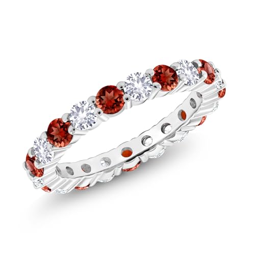 Gem Stone King 1.50 Cttw Red Garnet and White Created Sapphire Eternity Band Ring For Women | 925 Sterling Silver | Gemstone Birthstone | Available In Size 5, 6, 7, 8, 9