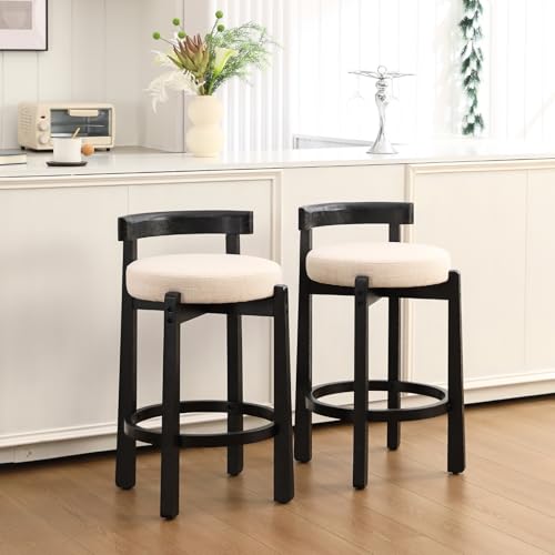 Image of CIMOTA 26.5 inch Counter Height Bar Stools Set of 2 | Mid Century Modern Low Back Bar Chairs with Black Wood Legs & Linen Upholstered Seat, Kitchen Island Stools, Beige