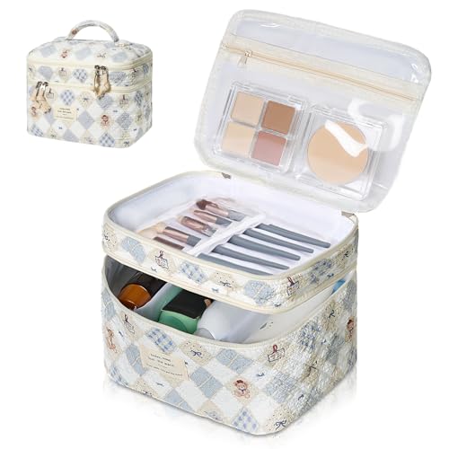 Gosect Makeup Bag, Portable Travel Make up Bag, Large Capacity Quilted Cosmetic Organizer Bag, Cute Floral Toiletry Bag for Women Girls (Bear Pattern)