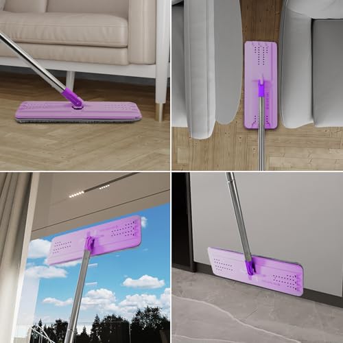 Image of BOSHENG Mop and Bucket with Wringer Set, Hands Free Flat Floor Mop and Bucket, 3 Washable Microfiber Pads Included, Wet and Dry Use, Home Floor Cleaning System for All Floor Types and Windows, Purple