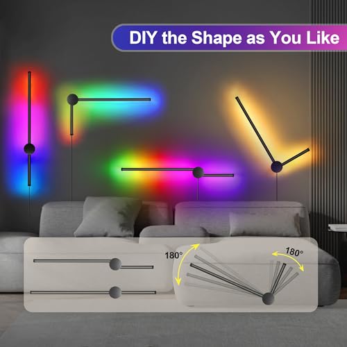 Image of RGB LED Wall Sconces Set of Two with Remote, 15 Color Modes, Dimming, DIY 180 Rotate, Black Plug in Wall Sconces with Warm Light, Dynamic Multicolor Ambience Lights, Plug in Wall Light, 23.6 Inches