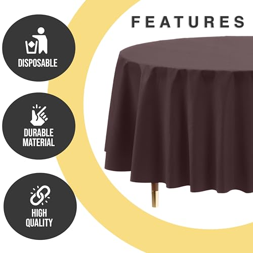 Image of Exquisite 66% Thicker Premium Brown Round Tablecloth 0.5 Mil 24 Pack Plastic Table Cloth Disposable 84 Inch Round Plastic Tablecloth Won't Tear Easily Like Cheap Thin Brands