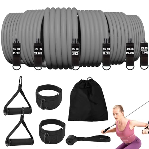 Elasticas Musculacion, Clase 6 Resistance Bands, 300LBS Bandas De Resistencia (25/35/45/55/65/75LBS), con Mango, Correa De Tobillo Y Ancla De Puerta para Gimnasios Familiares De Oficina Y Exteriores