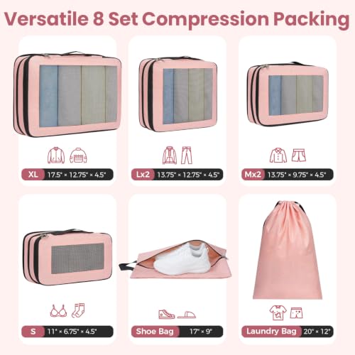 Image of BAGAIL Compression Packing Cubes for Travel Essentials, 8 Set-Pink | Tear‑Resistant Fabric, Space‑Saving, Visible Mesh Panel, Vibrant Color Choices, Travel, Camping & Cruise, Home Storage