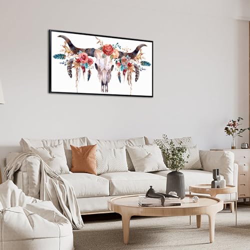 iLOOKLiKE Bull Skull Canvas Wall Art Western Longhorn Skull with Flowers Feathers Pictures Painting Bison Cow Wildlife Artwork Black Floater Frame for Home Farmhouse Country Decoration 20"x40" by iLOOKLiKE - Used condition - Image 2
