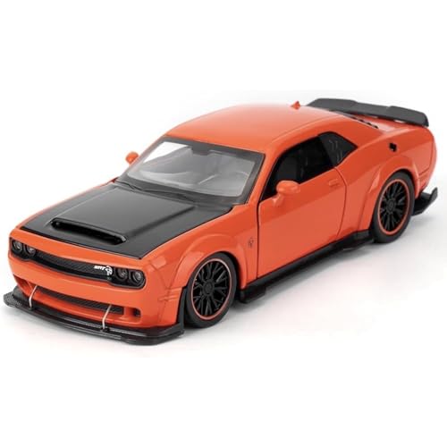 Image of Die-Cast Car Model 1:32 Scale Challenger SRT| Alloy Metal Car with Openable Doors, Hood & Trunk | LED Headlight & Taillight with Sound | Pull Back Toy for Kids & Collectors (Orange)
