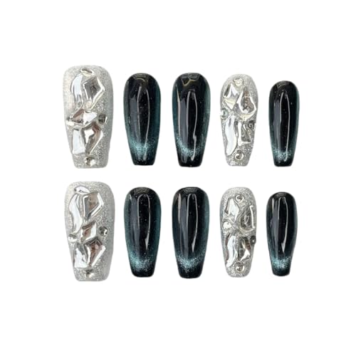 手作りネイルチップミディアムロングバレリーナつけ爪ネイビーブルー人気おしゃれ3Dラインストーン可愛いデザイン付け爪10枚入 (664-猫眼?, L)