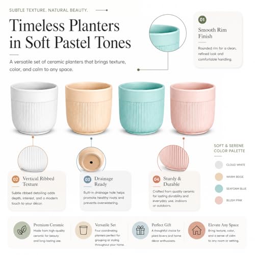 Image of Xtore 4 Pc Refined Minimal White Ceramic Planter Pot for Indoor Plants & Desk Styling | Compact Modern Tabletop Planter for Home, Office & Shelf Decor (Multicolor- Planters only)
