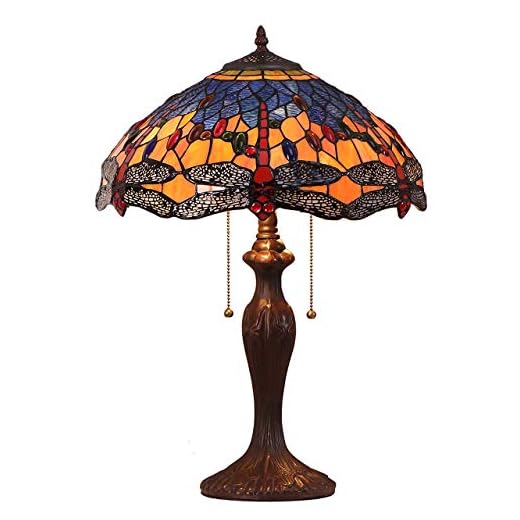 Bieye L10690 Dragonfly Tiffany Style Stained Glass Table Lamp with 16 Inch Wide Complex Design Lampshade and Metal Base, Orange Blue, 16"W x 24"H
