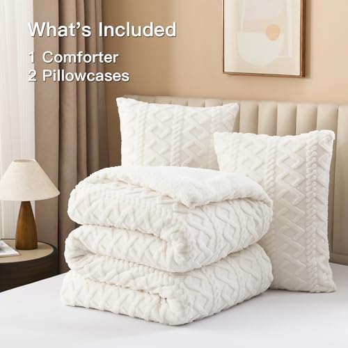 Image of Andency Fluffy Sherpa Queen Comforter Set, White Fleece Soft Bedding Set