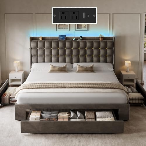 King Size Bed Frame with 3 Storage Drawers and RGB LED Lights
