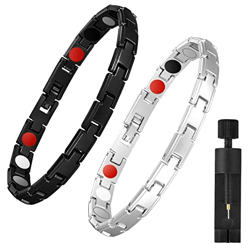 Emibele 2 PCS Bracelets Magnétiques pour Homme Femme, Chaîne de Poignet en Alliage, Bijoux Bracelets Élégants Ajustables avec Aimants et Outil de Démontage, Accessoire Bijoux Cadeau, Noir + Argent Cover