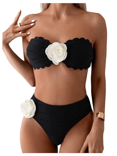 OYOANGLE Women's 2 Piece Strapless Bikini Sets 3D Floral Scallop Trim Tie Back Low Rise Bathing Suit Textured Swimsuits