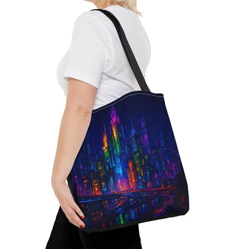 Premium Tote Bag with Reinforced Stitching - A Futuristic Rainbow Cyberpunk Skyline4