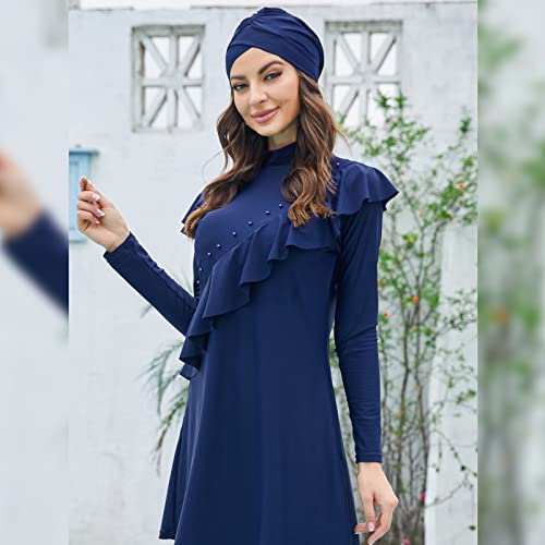 Conservative Damen-Bademode, Muslimische Bademode, bescheidener islamischer Bikini, Badeanzug, Strandmode Einfarbiges Langarm-Oberteil + Hose + Hijab Navy B 2XL