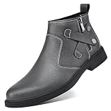 SIYAKE Men's Genuine Leather Chelsea Boots with Buckle Strap Autumn Winter Fashion Side Zipper Comfortable Fur Lining Business Oxford Boots Casual Dress Chukka Boots (Gray,11)