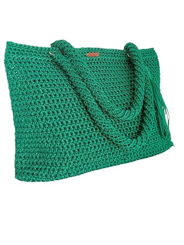 Bolsa Crochê sacola de Fio Náutico bag Femenina Ombro praia (Verde Bandeira)